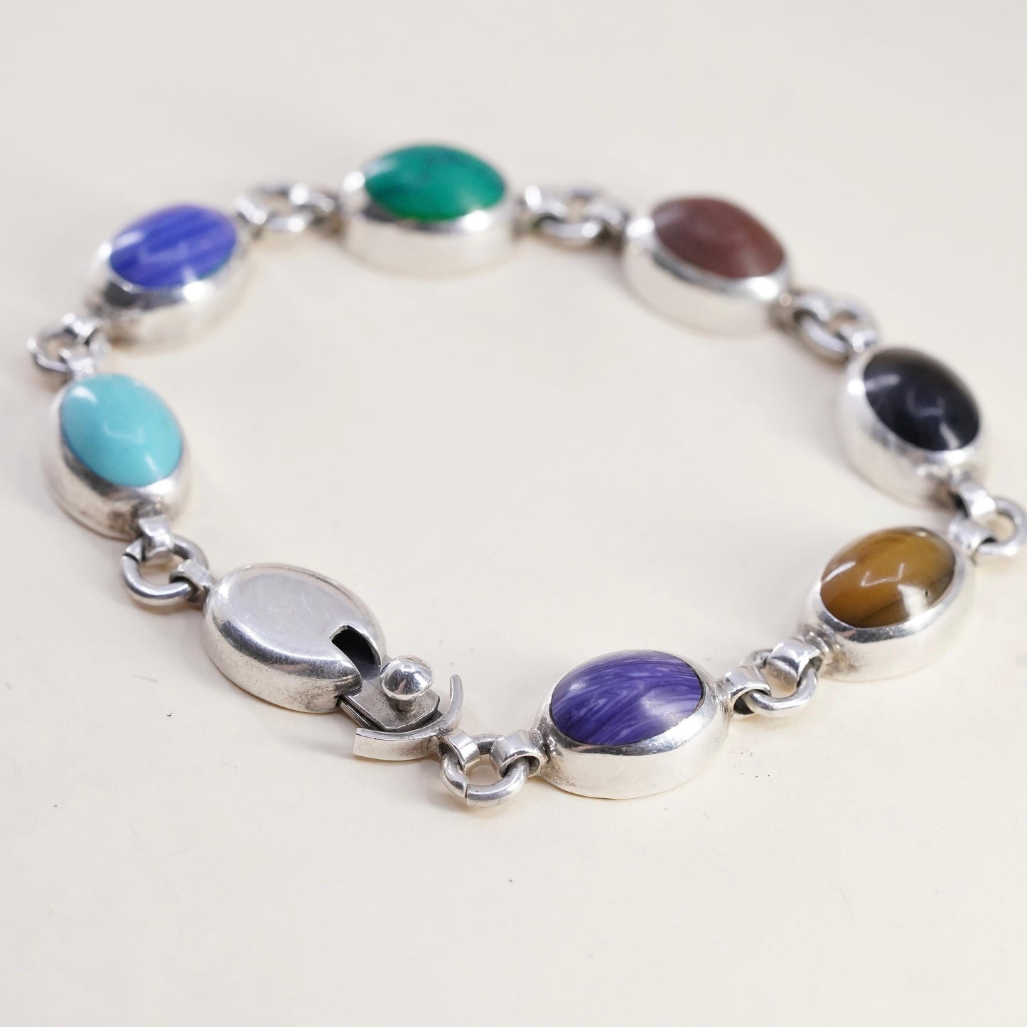 7” Sterling 925 Silver Multi Gemstone Bracelet, Turquoise Tiger Eye Agate Onyx