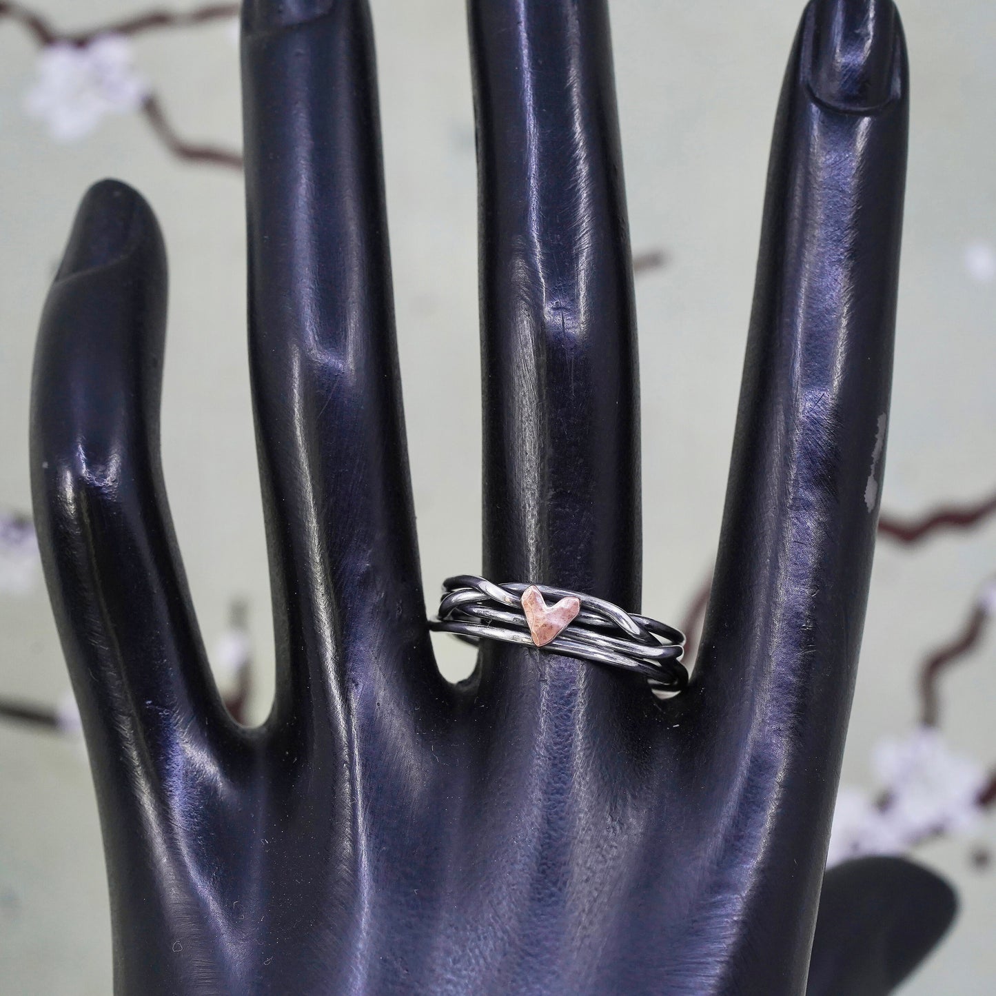 Size 10, two tone sterling silver entwined ring, 925 multiple band copper heart