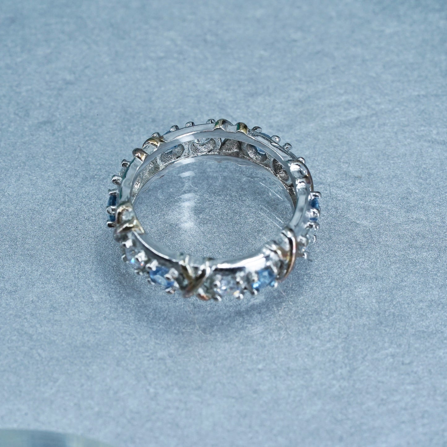 Size 8, vintage two tone Sterling 925 silver ring, blue topaz and Cz band