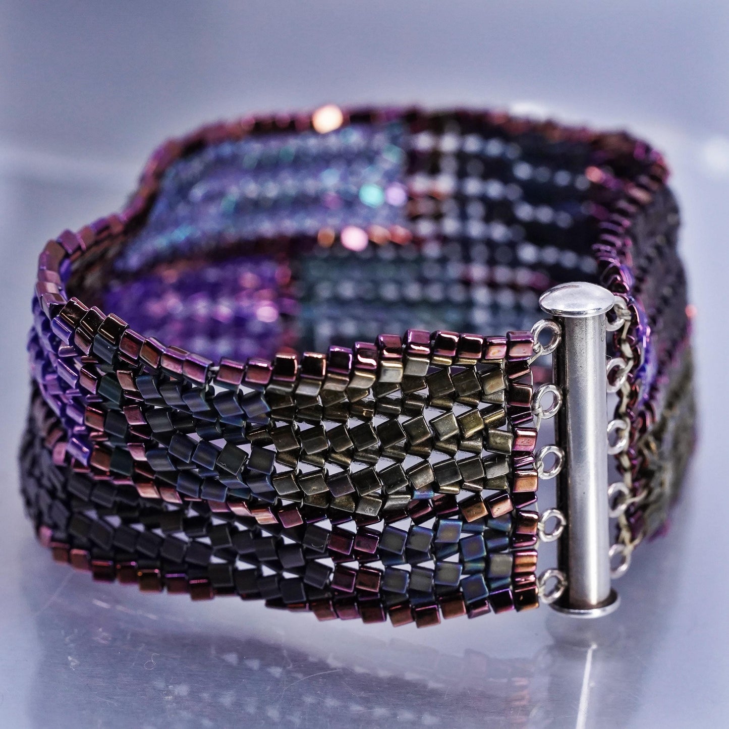 7", VTG Sterling 925 silver multi strands bracelet metallic multi color beads