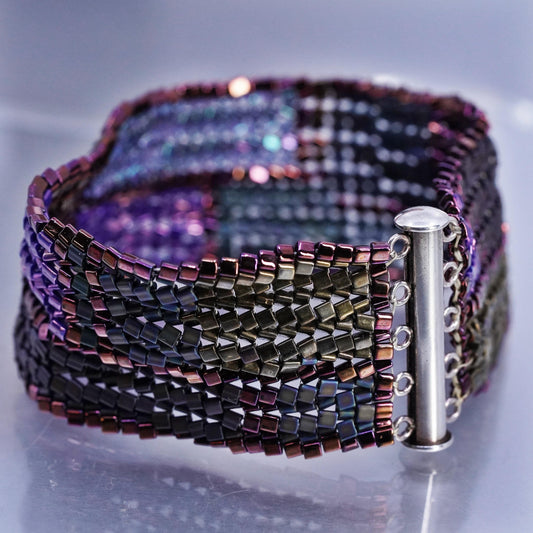 7", VTG Sterling 925 silver multi strands bracelet metallic multi color beads