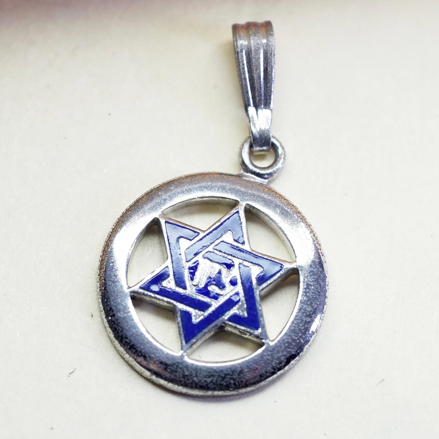 Vintage Sterling silver 925 hexagram star pendant with blue enamel, stamped sterling