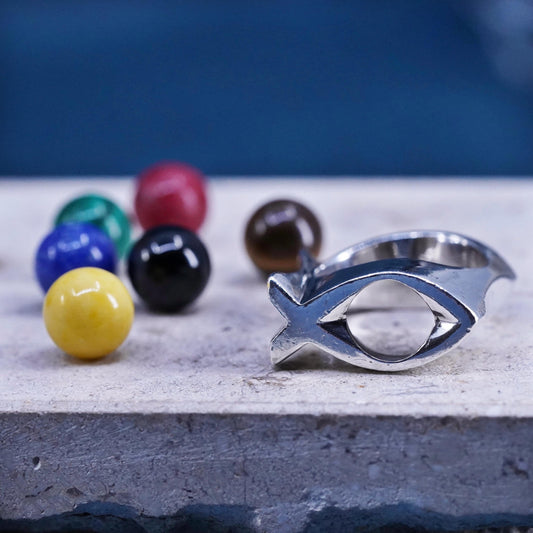 SZ 8, VTG Sterling 925 silver interchangeable fish ring, malachite lapis coral