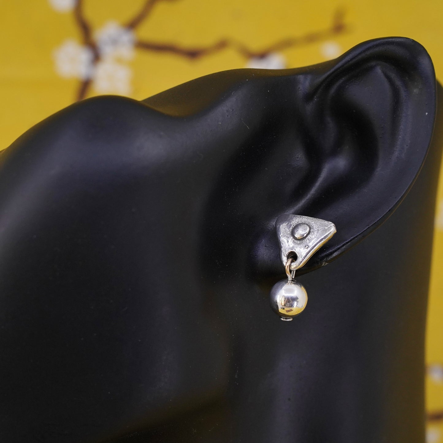 handmade sterling silver earrings, 925 triangular hammered dangle with bead