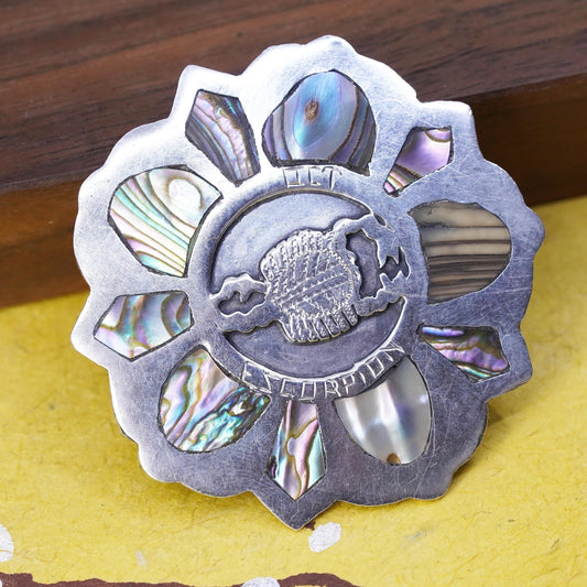 Vintage southwestern handmade sterling 925 silver flower brooch with abalone