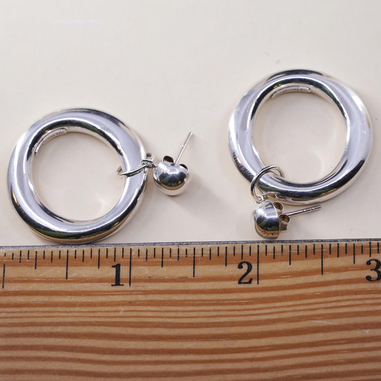 Vintage sterling silver handmade earrings, 925 circles dangles