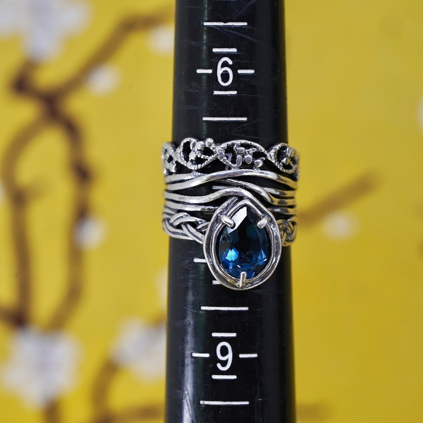 Size 6.75, Israel PAZ PZ Sterling silver ring, 925 band teardrop blue crystal