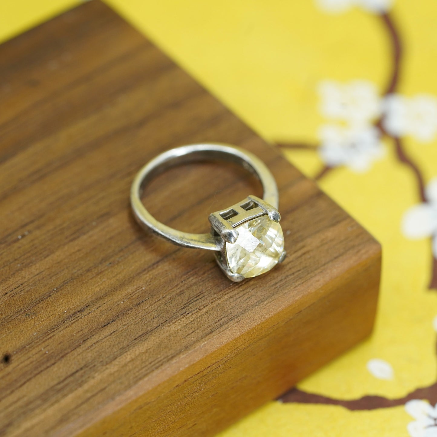 Size 7.75, vintage Sterling 925 silver handmade statement ring with citrine