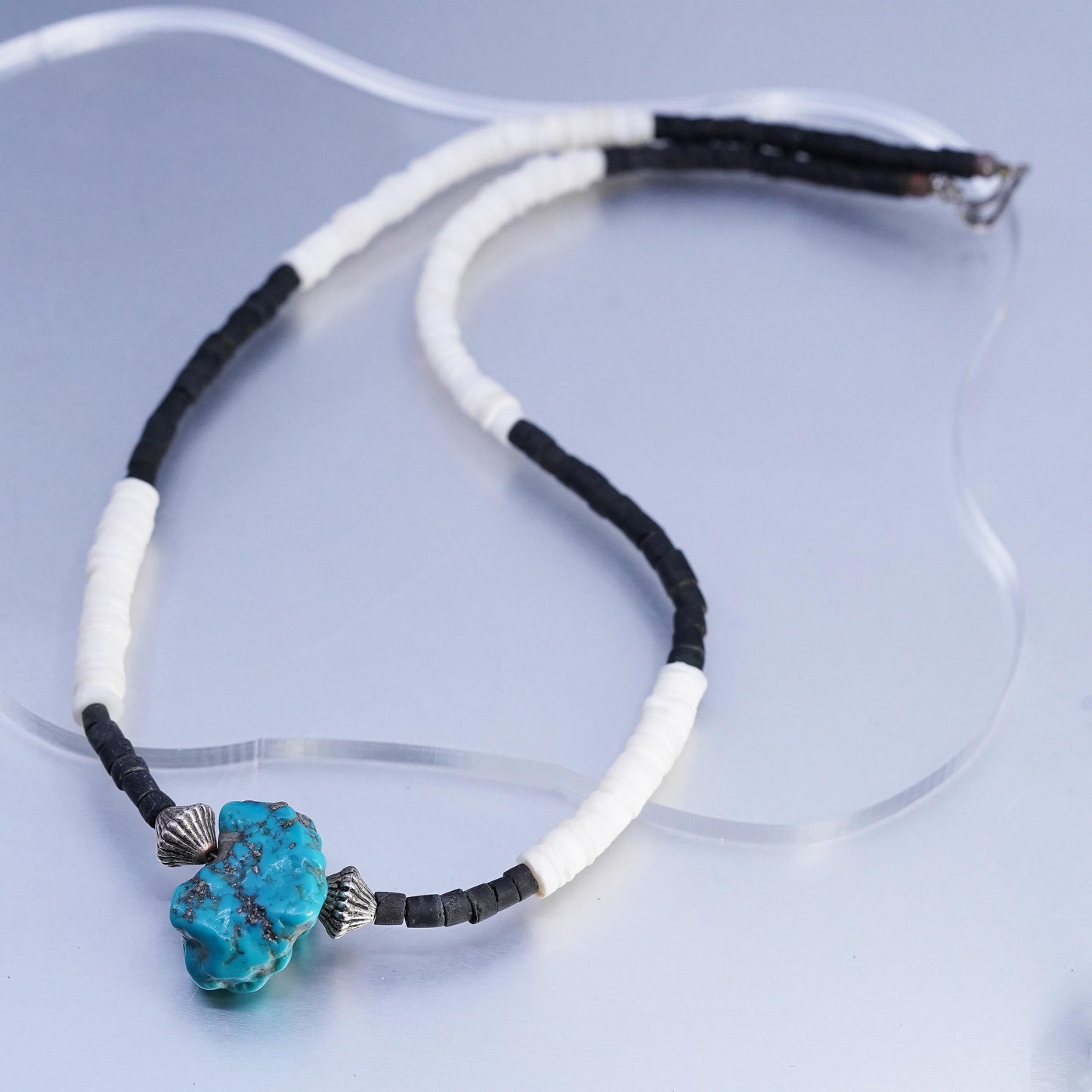 18", VTG Sterling 925 silver handmade heishi necklace turquoise nugget pendant