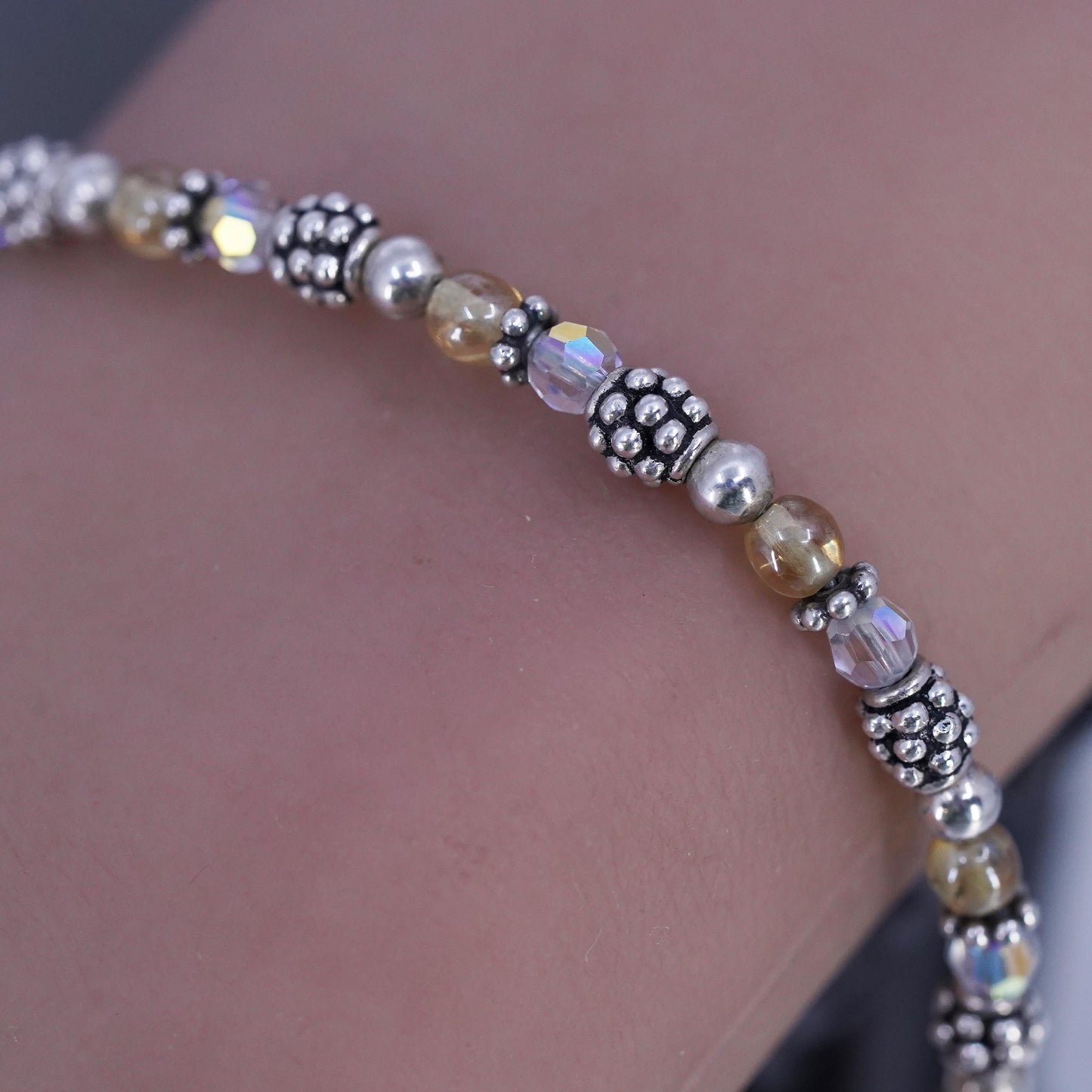 7.5", Vintae Sterling 925 Silver Handmade Bracelet, Crystal beads