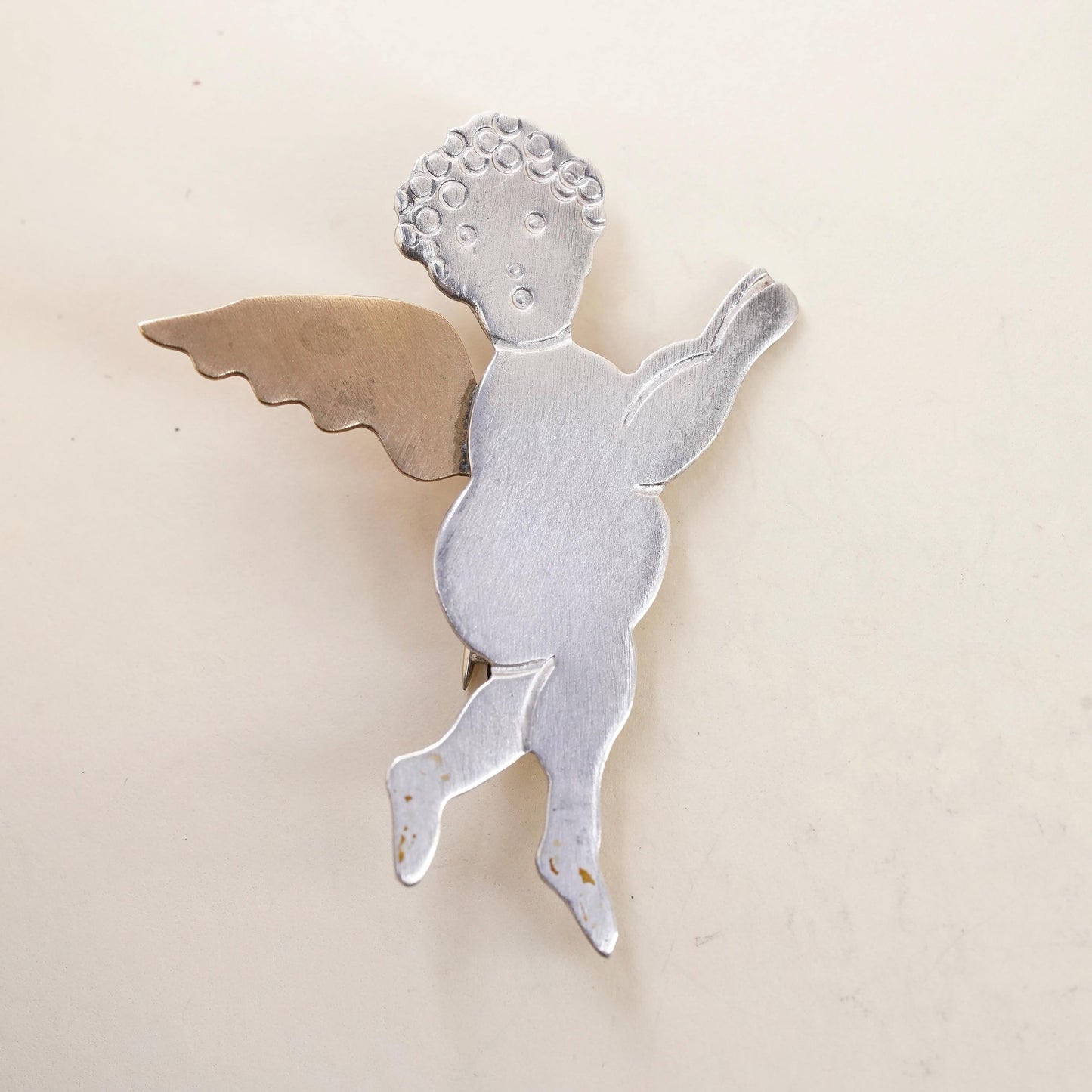 Vintage Sterling 925 Silver Signed DJI two tone angel brooch pin, brass wings