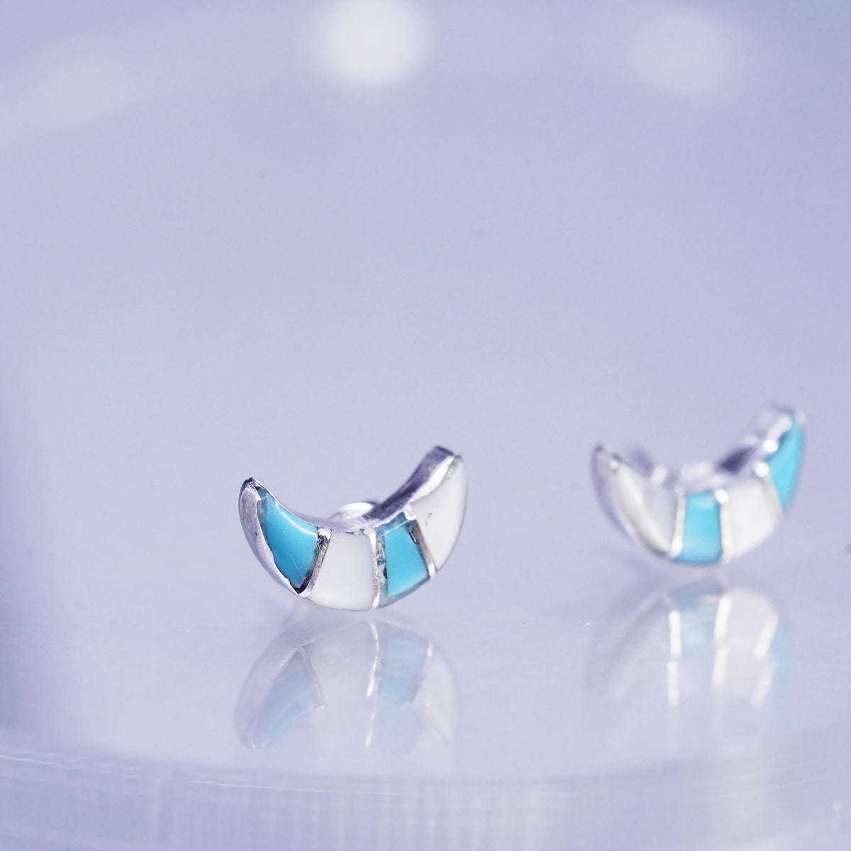 Native American Zuni Sterling 925 silver earrings, moon studs turquoise lapis