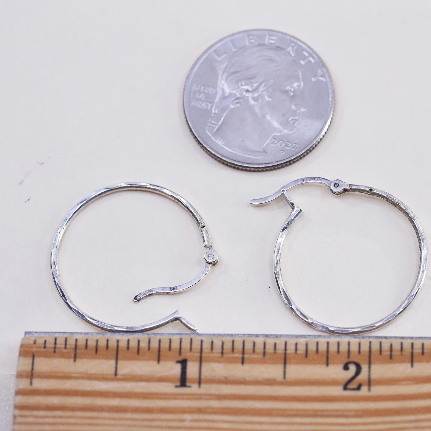 1”, Vintage sterling silver loop earrings, fashion minimalist textured hoops