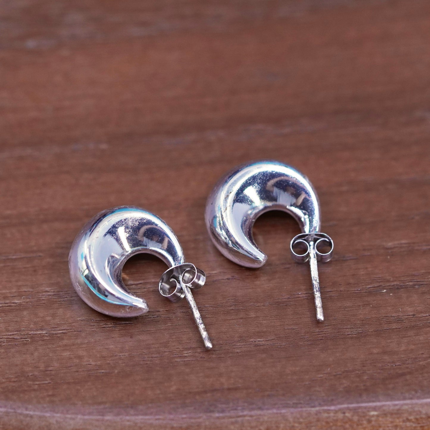0.5”, Vintage Sterling silver handmade earrings, moon shaped 925 Huggie studs