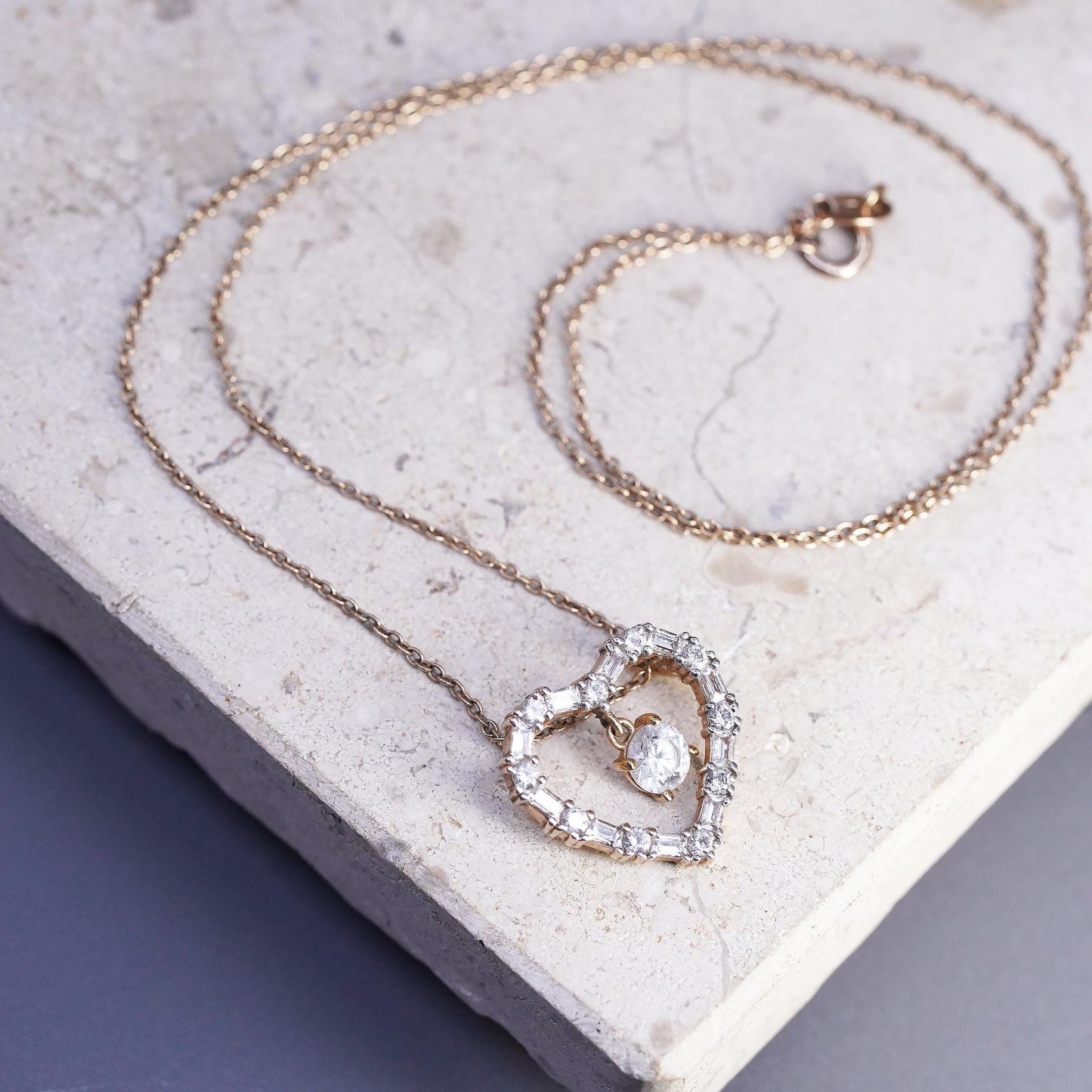 18" rose gold pleated Sterling silver necklace, 925 circle cz heart pendant