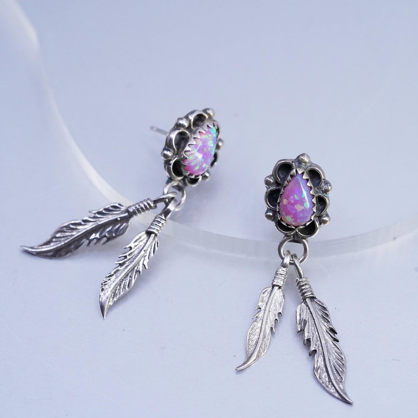 VTG Sterling silver handmade earrings, 925 teardrop studs opal feather dangles