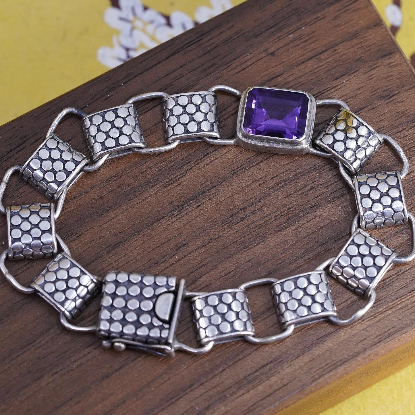 6.75", Vintage Sterling Silver Amethyst Link Bracelet, Beaded Textured chain