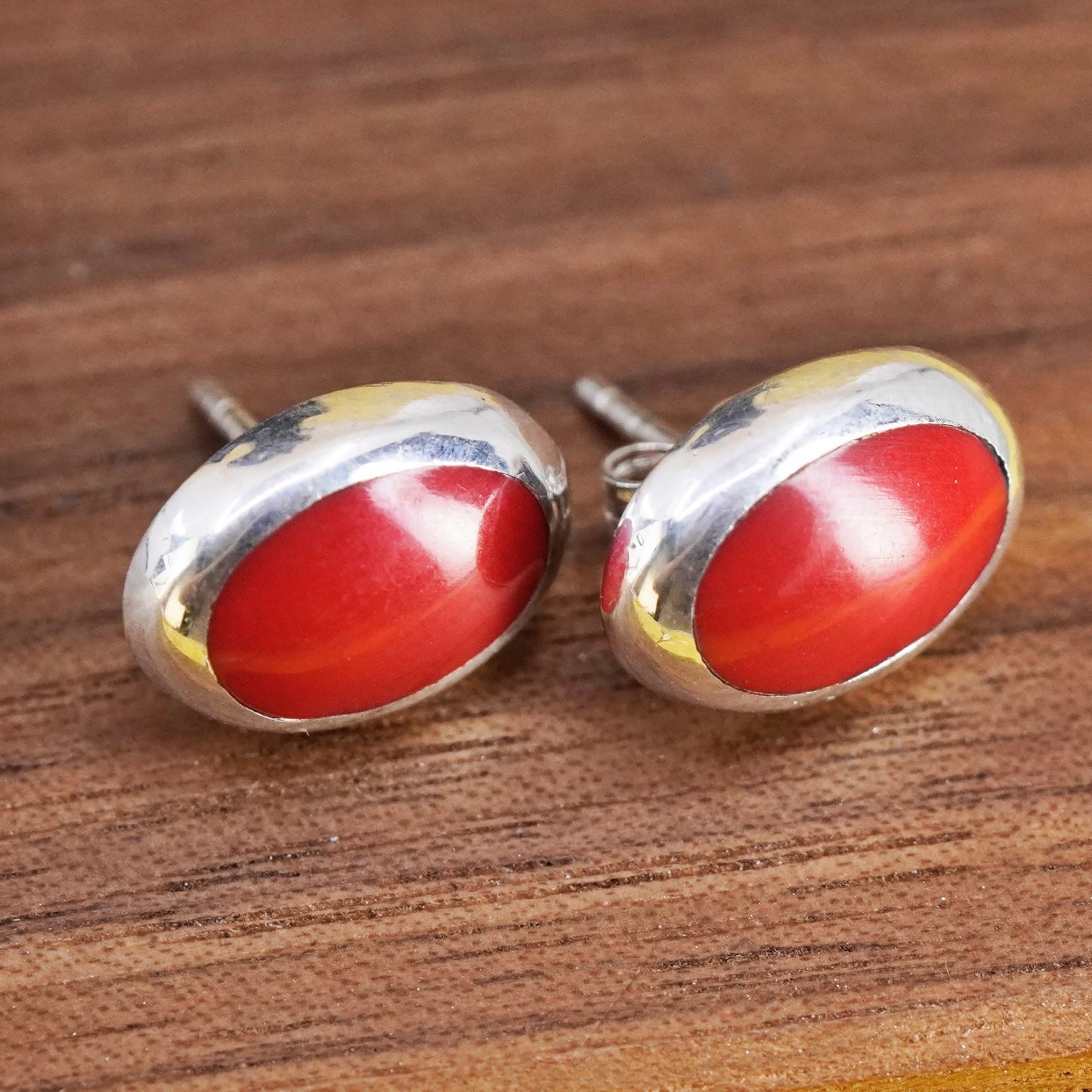 Vintage Sterling silver handmade earrings, 925 studs with red onyx