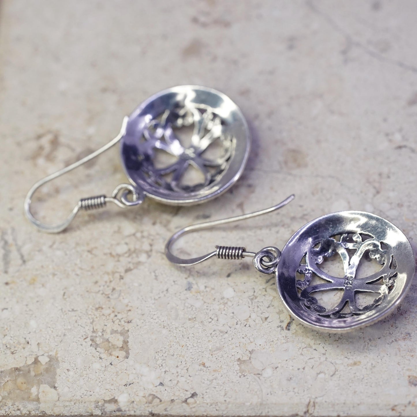 Vintage Sterling silver handmade earrings, 925 filigree circle dangles