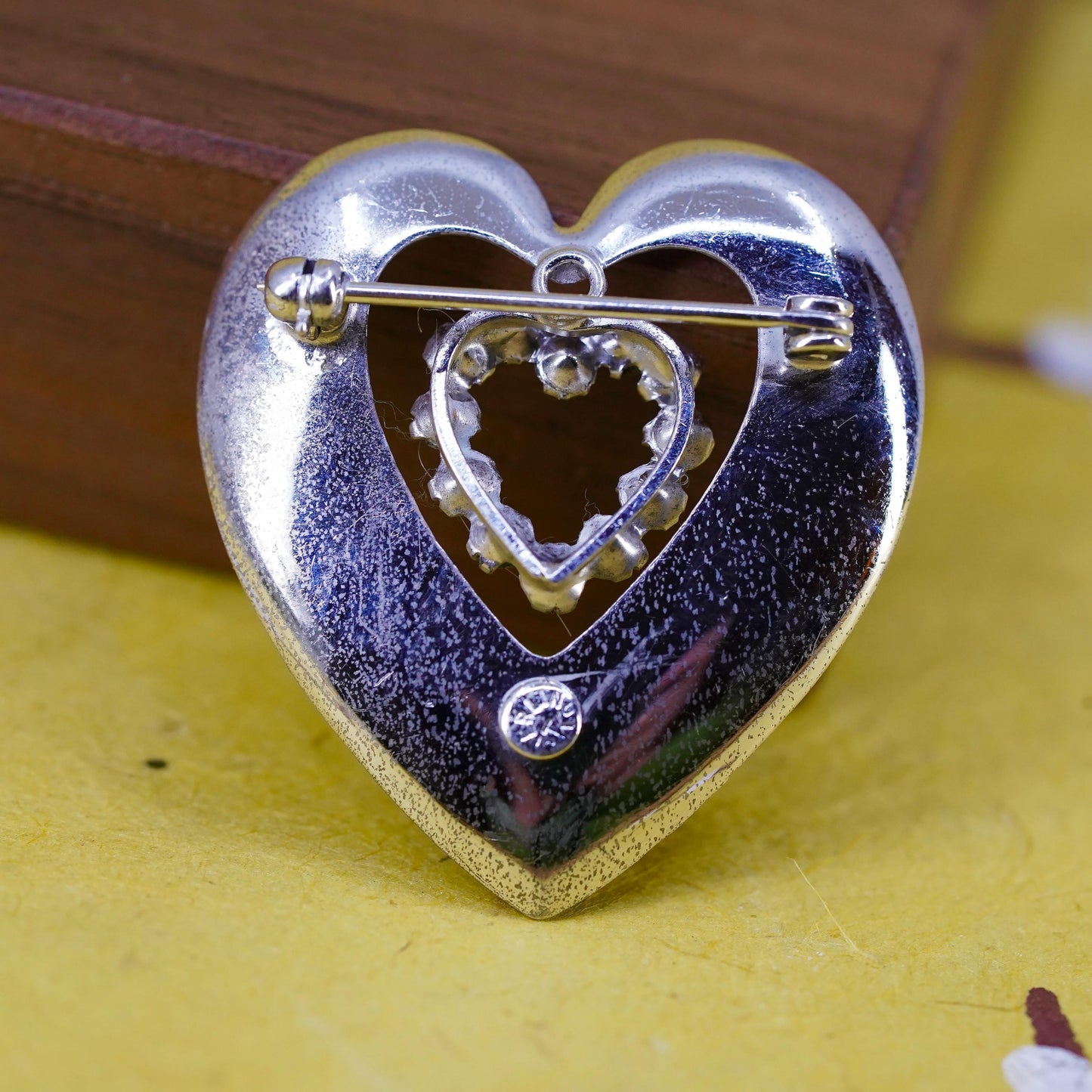 Vintage handmade sterling silver brooch, 925 silver heart with rhinestones