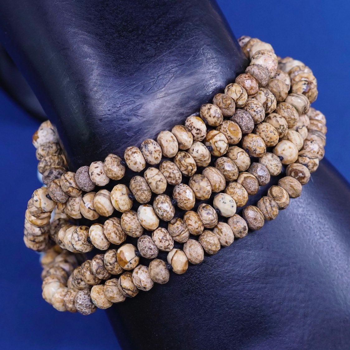 5", 1960s Sterling silver handmade bracelet, 925 w/ jasper beads N cluster jade