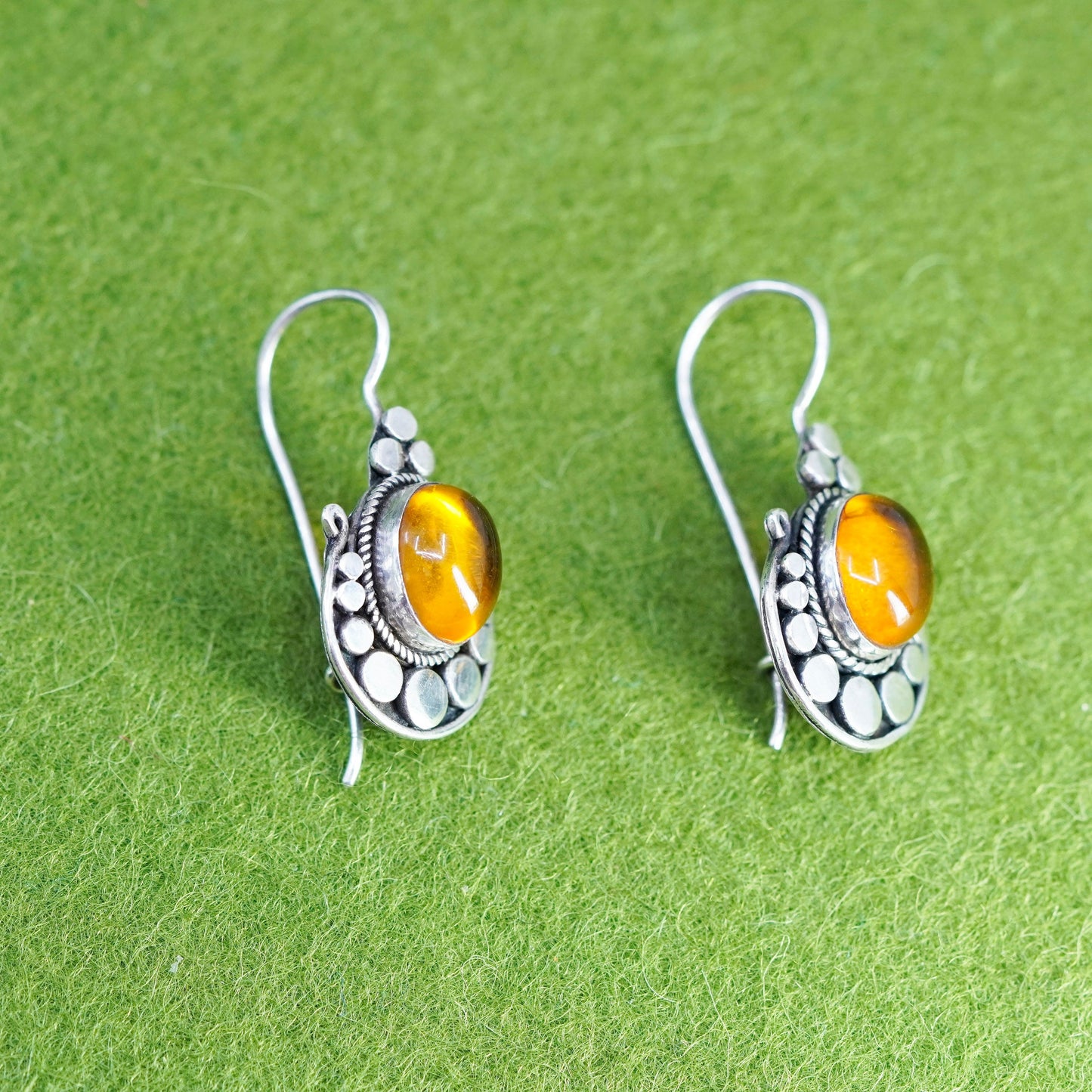 Vintage Sterling 925 silver handmade earrings with amber and beads