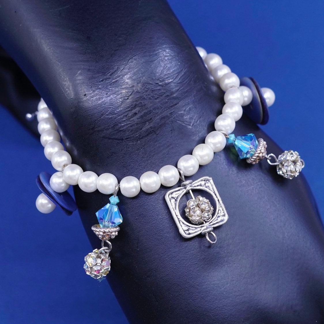 7.25", vtg sterling silver handmade bracelet, pearl 925 beads N toggle closure