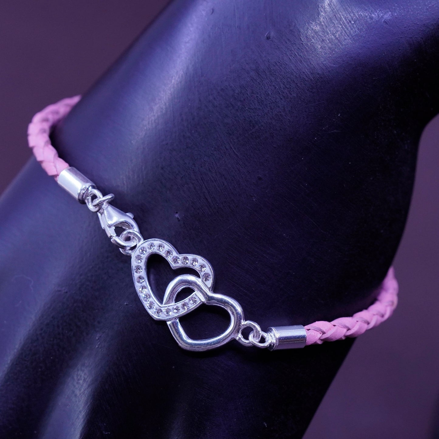 7”, braided woven leather bracelet with sterling 925 silver double heart charm
