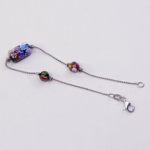 6.5”, Vtg Sterling Silver Handmade Bracelet, 925 Beads W/ Murano Glass Beads