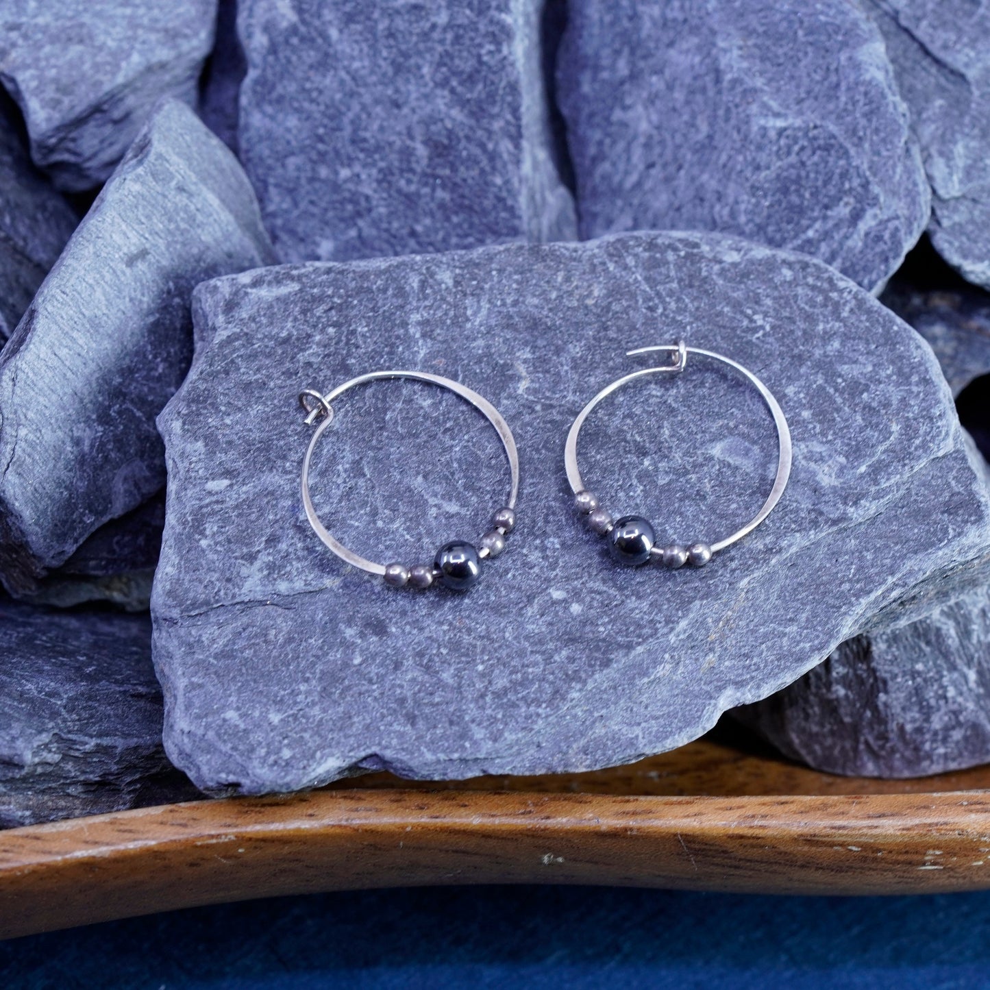 0.75”, Sterling silver handmade earrings, 925 huggie hoops with hematite beads