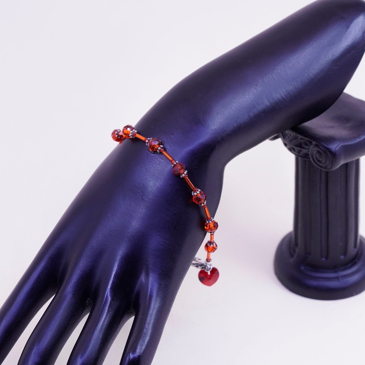8”, vintage Sterling 925 silver handmade bracelet with red crystal beads