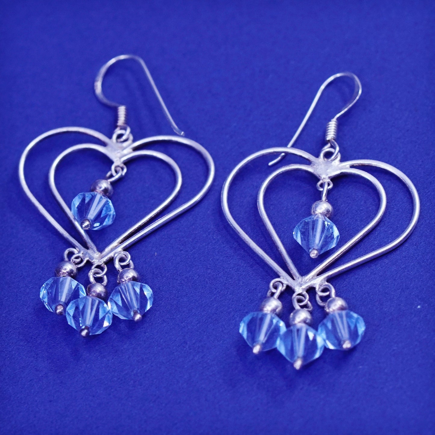 Vintage Sterling 925 silver handmade earrings, double heart Dangle and blue Cz