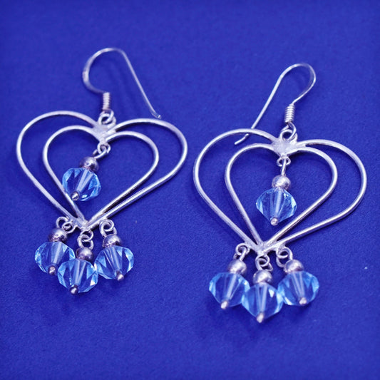 Vintage Sterling 925 silver handmade earrings, double heart Dangle and blue Cz
