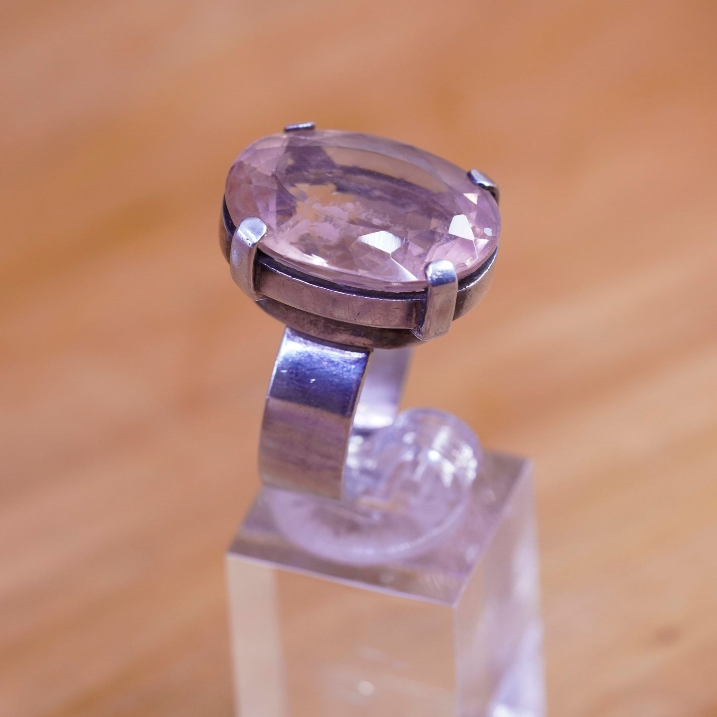Size 8.25, vintage Sterling 925 silver handmade statement ring with pink quartz