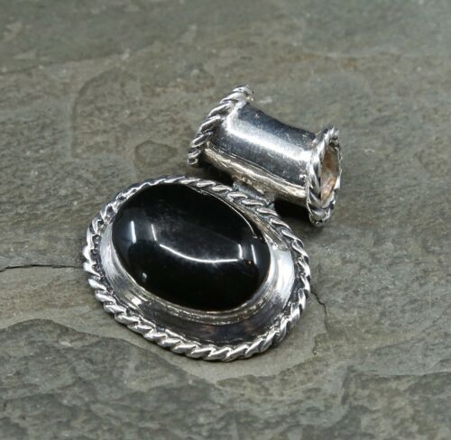 Vtg Sterling Silver Handmade Pendant solid 925 silver w/ Obsidian, stamped 925