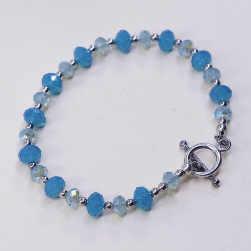 7.5”, Mexico Sterling 925 Silver Handmade Bead Bracelet, Blue Crystal beads