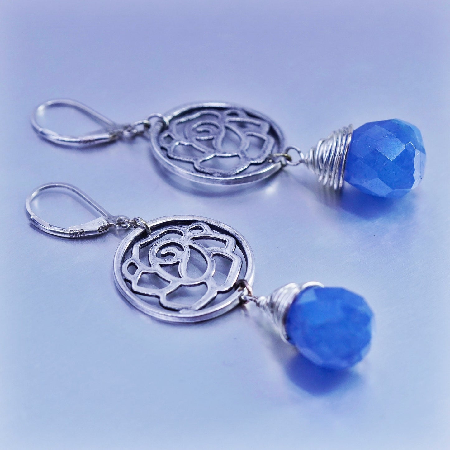 Sterling 925 silver handmade flower earrings with teardrop blue Grandidierite