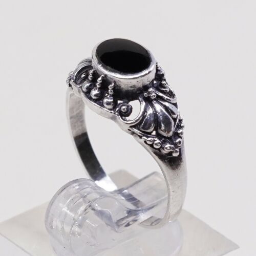 Sz 7.25, Vtg Sterling Silver Handmade Ring, 925 Band W/ Oval obsidian N Beads