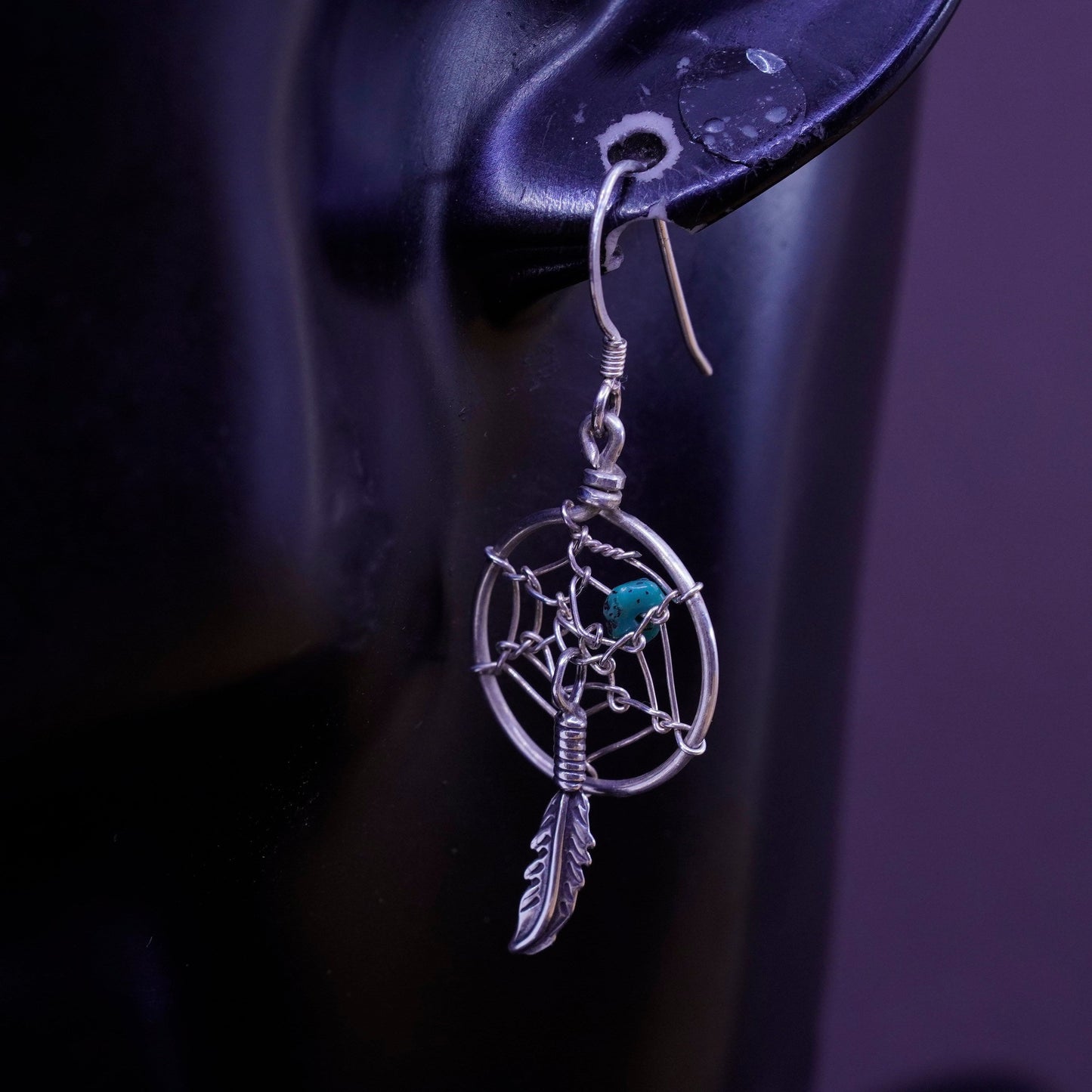 Vintage Sterling 925 silver handmade net earrings with turquoise and feather
