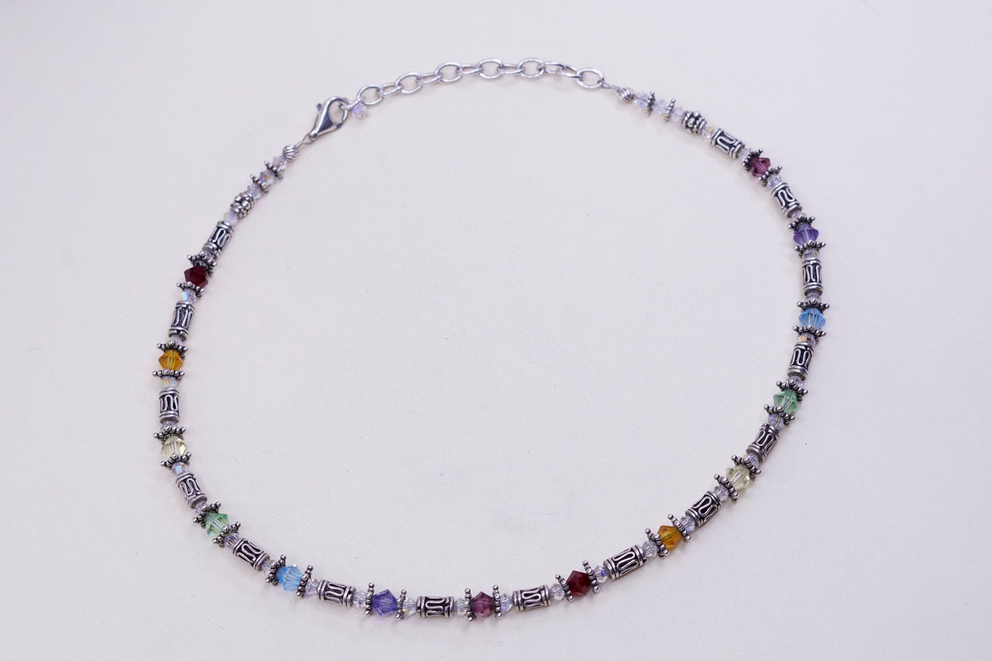16+2”, sterling silver handmade beads necklace, 925 beads with crystal beads