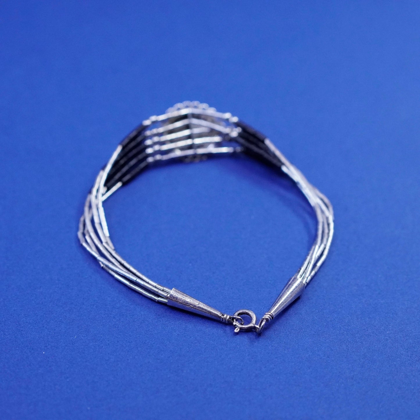 7”, vintage sterling handmade bracelet, 925 liquid silver chain with obsidian