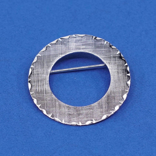vtg Sterling silver handmade brooch, 925 circle pin w/ Matt textured surface