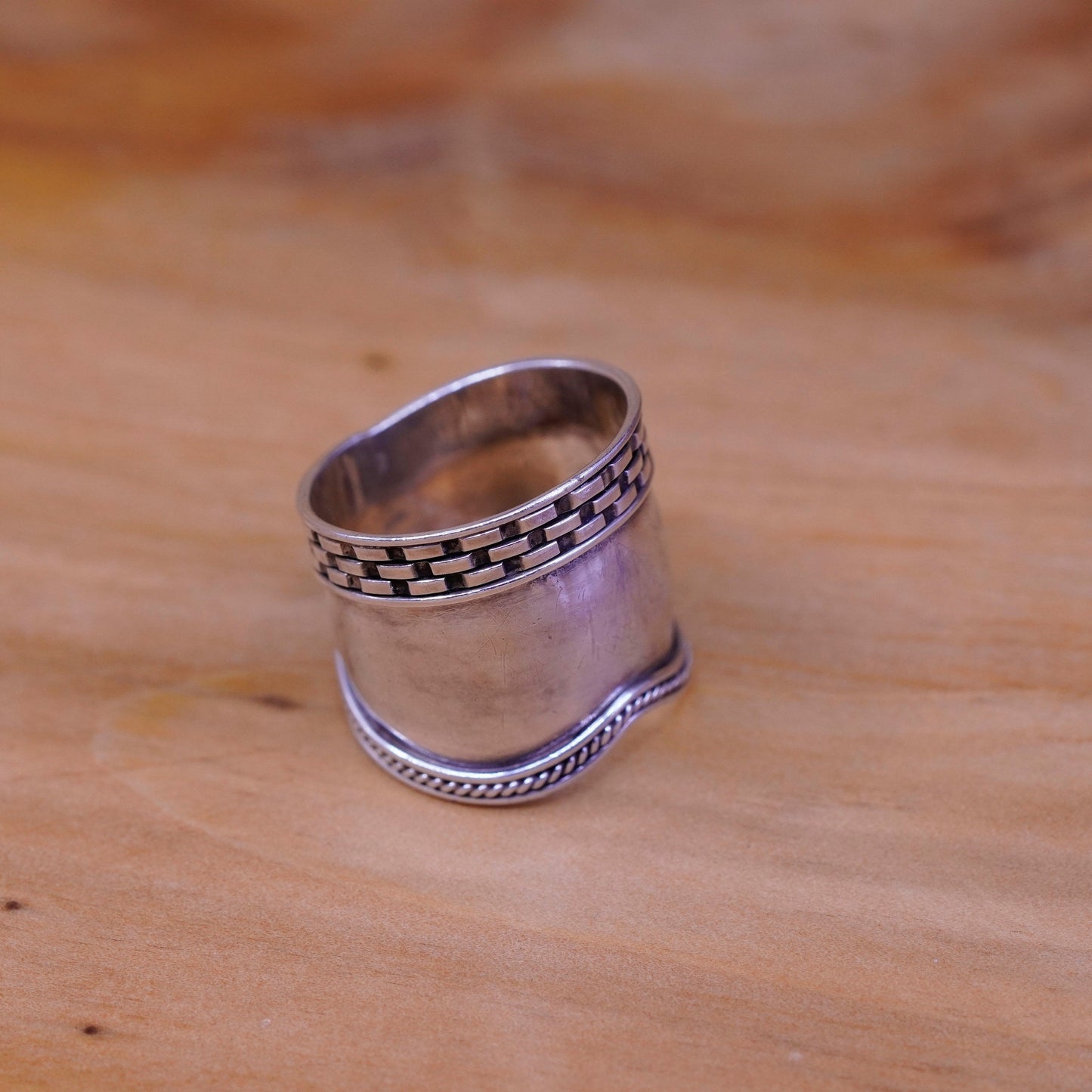 Size 6.5, vintage Sterling silver handmade ring, 925 wide band w/ textured edge