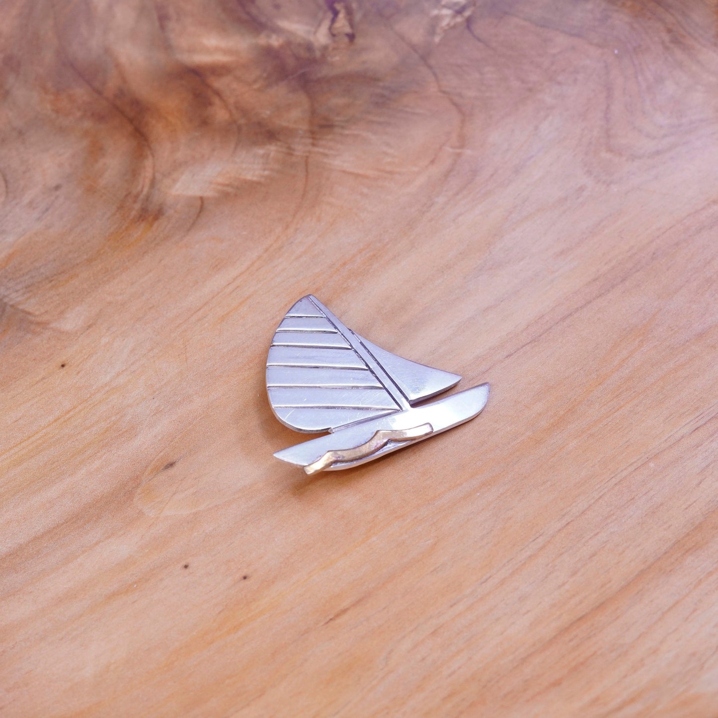 Vintage two tone sterling silver handmade pin, 925 soufeel sailing boat brooch