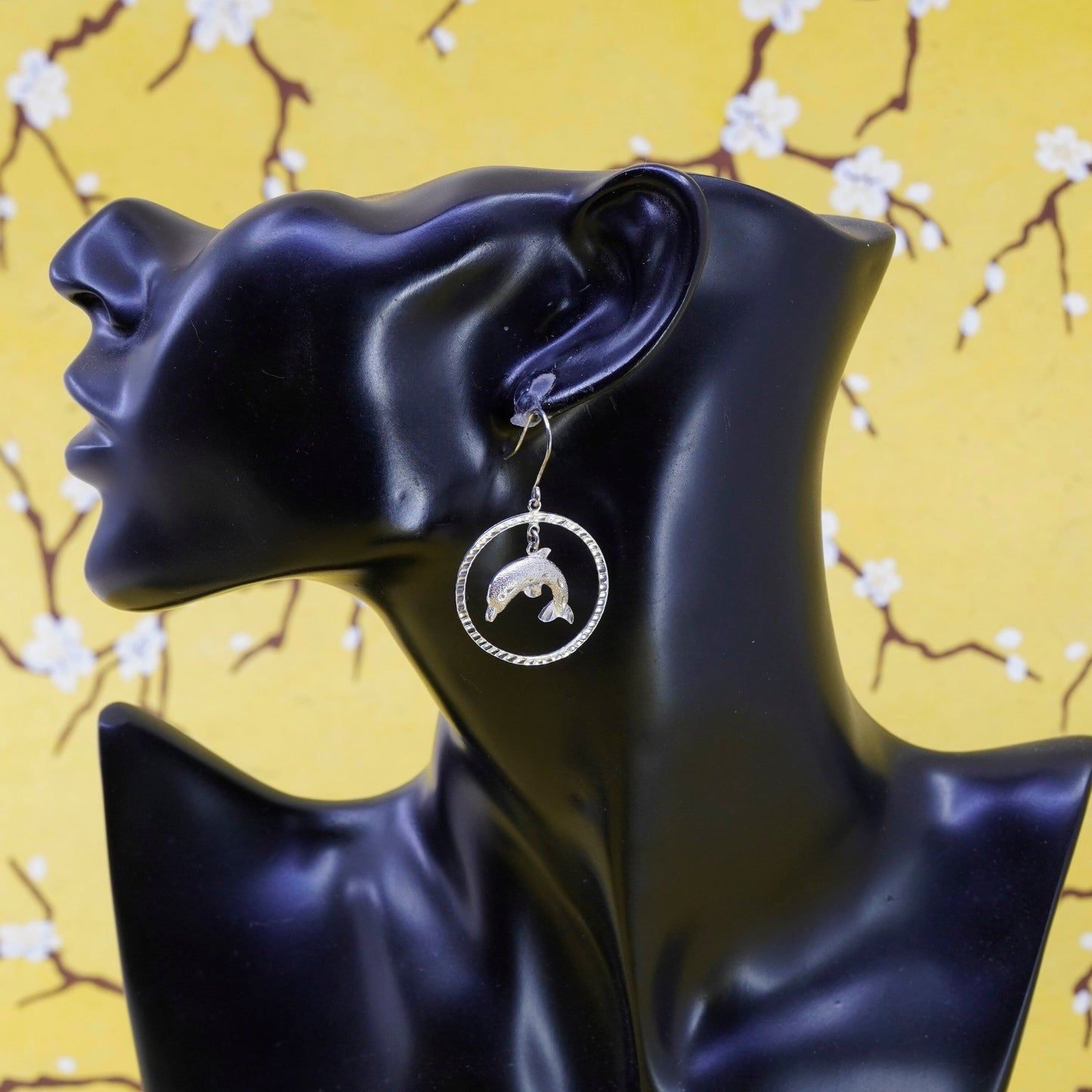 Vintage Sterling silver handmade earrings, 925 circle with dolphin dangle
