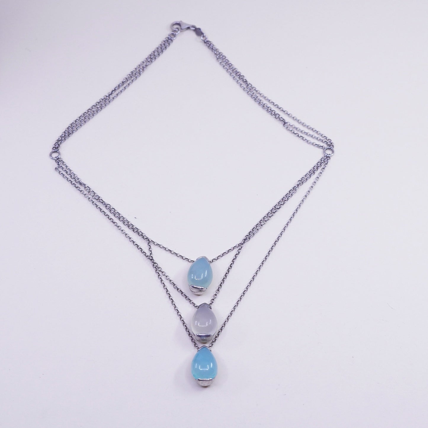 16”, milor sterling silver multi strands necklace, teardrop Chalcedony pendants