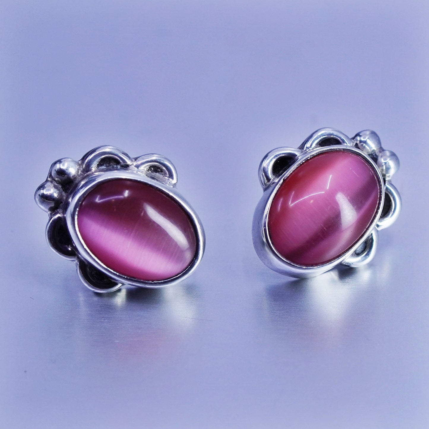 Vintage Mexico Sterling 925 silver earrings, studs with pink cat and beads