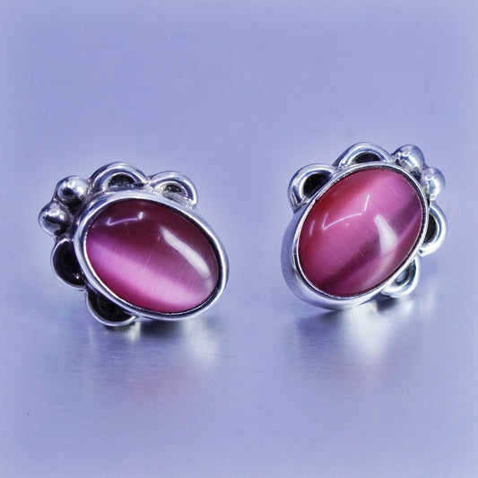 Vintage Mexico Sterling 925 silver earrings, studs with pink cat and beads