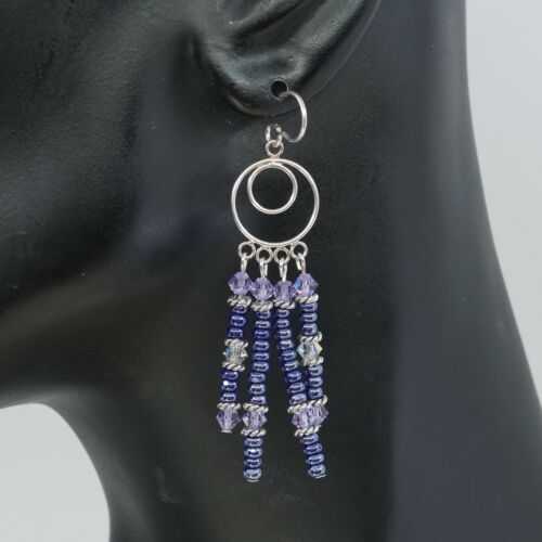 Vtg 925 Sterling Silver Handmade Hoop Earrings w/ beads Dangles, One Missing