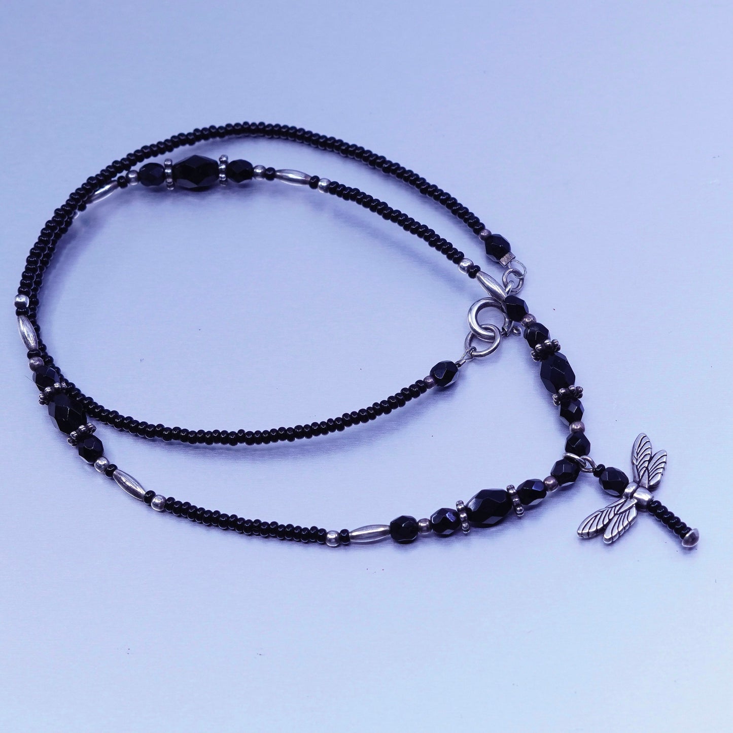 18”, vintage obsidian beads necklace with Sterling 925 silver dragonfly pendant